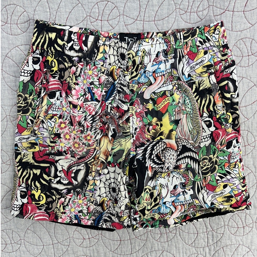 Ed Hardy Tattoo Collage Cotton  Shorts‎ Multicolor All Over Print / Mens Medium